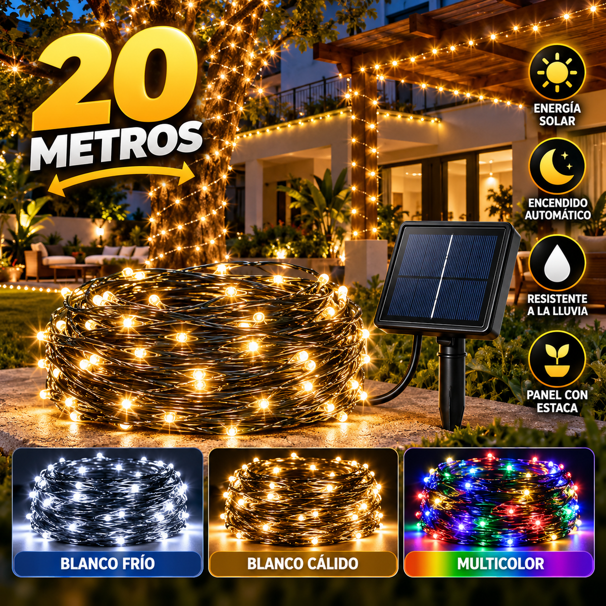 Luz Solar Navidena Guirnalda 20m