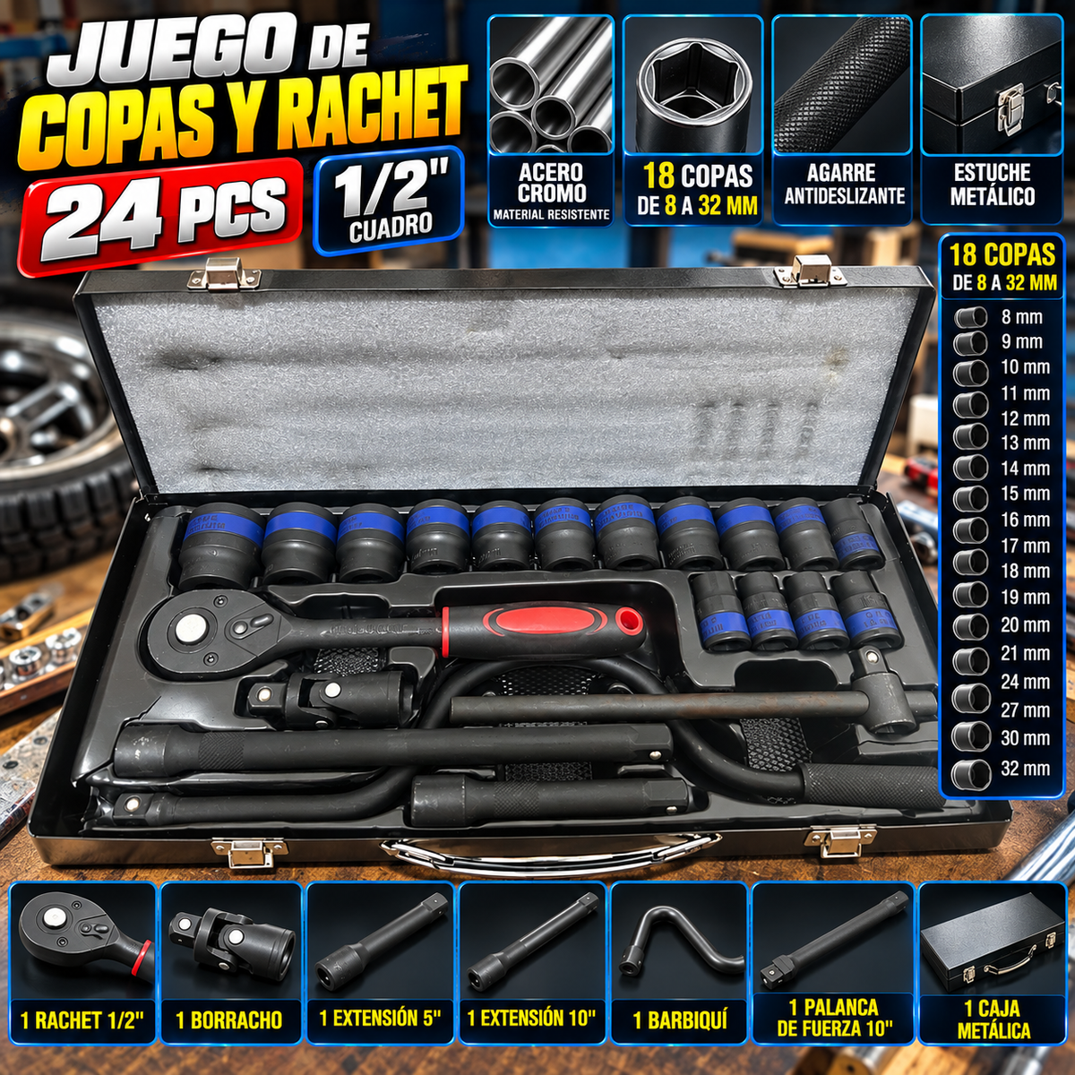 JUEGO DE COPAS Y RACHET 24PCS 12