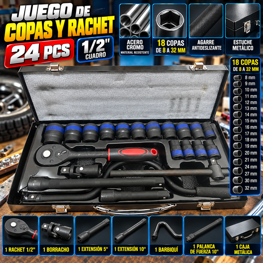 JUEGO DE COPAS Y RACHET 24PCS 12
