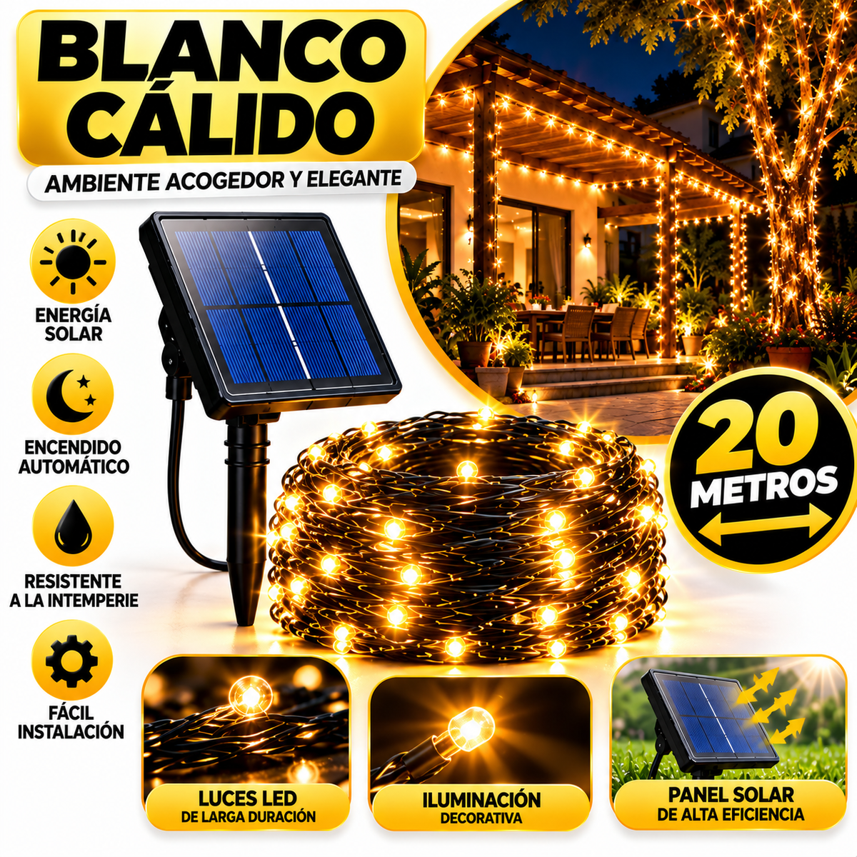 Luz Solar Navidena Guirnalda 20m
